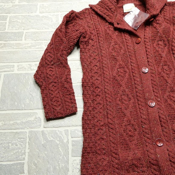 Kilronan‎ Knitwear Wool Sweater Womens Medium Red Long Chunky Cable Knit Ireland - Picture 6 of 11